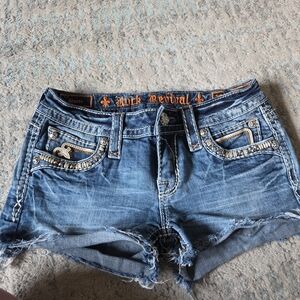 Rock Revival Blue Denim Shorts with Embellished Pockets